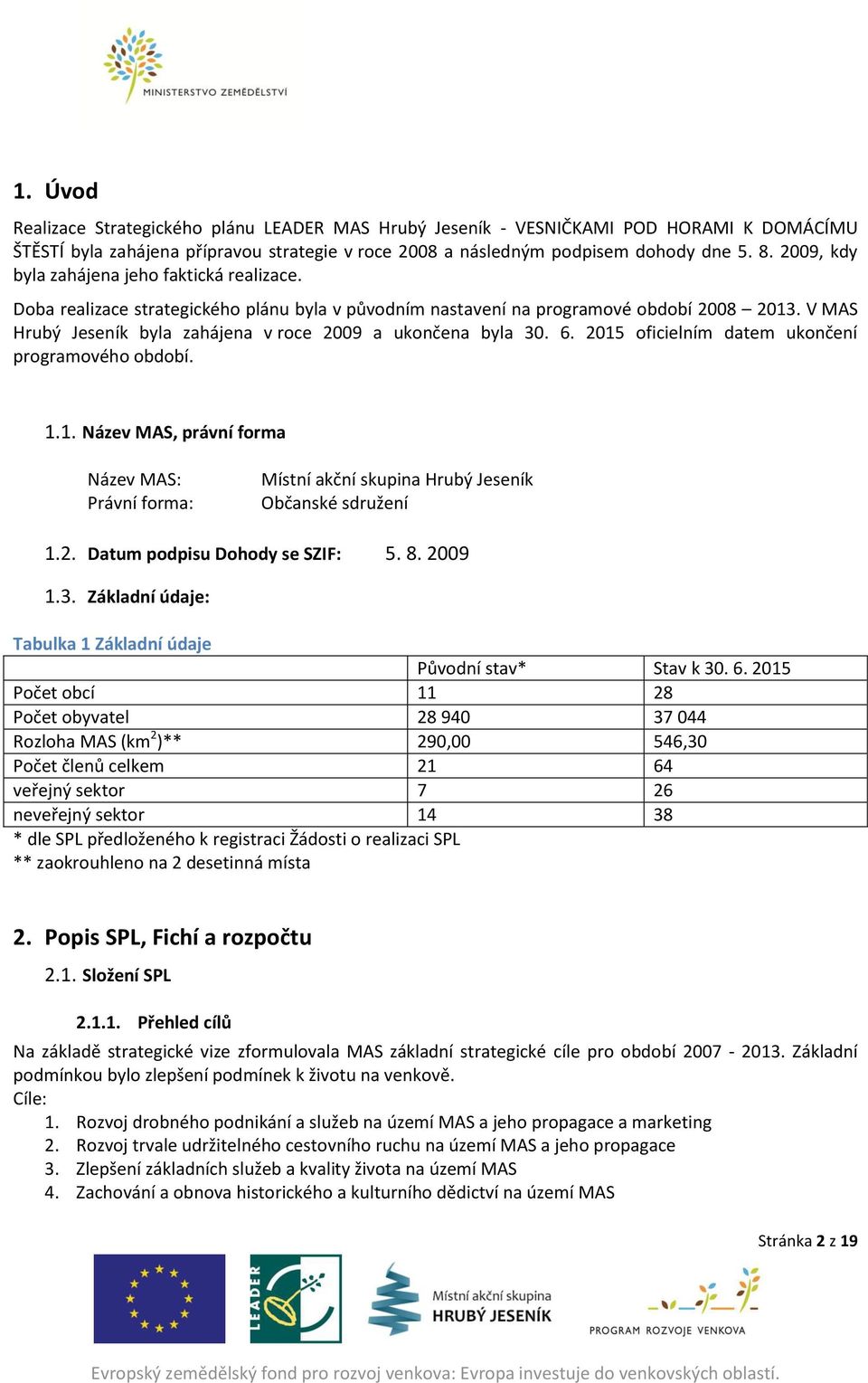 V MAS Hrubý Jeseník byla zahájena v roce 2009 a ukončena byla 30. 6. 2015 oficielním datem ukončení programového období. 1.1. Název MAS, právní forma Název MAS: Právní forma: Místní akční skupina Hrubý Jeseník Občanské sdružení 1.