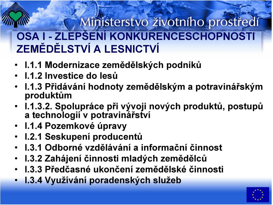 Spolupráce při vývoji nových produktů, postupů a technologií v potravinářství I.1.4 Pozemkové úpravy I.2.