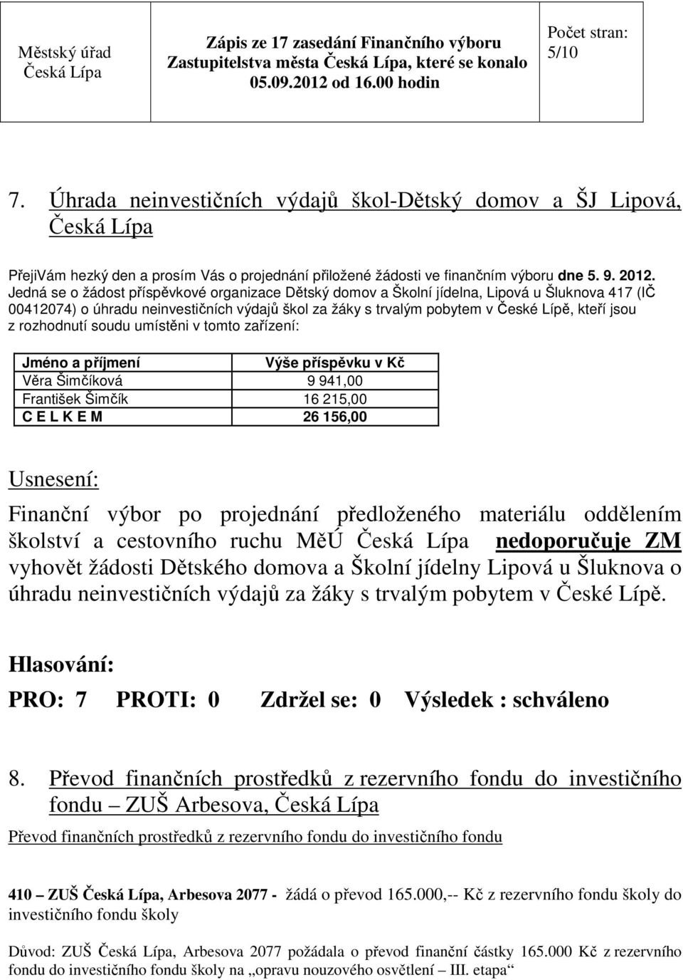 jsou z rozhodnutí soudu umístěni v tomto zařízení: Jméno a příjmení Výše příspěvku v Kč Věra Šimčíková 9 941,00 František Šimčík 16 215,00 C E L K E M 26 156,00 Finanční výbor po projednání