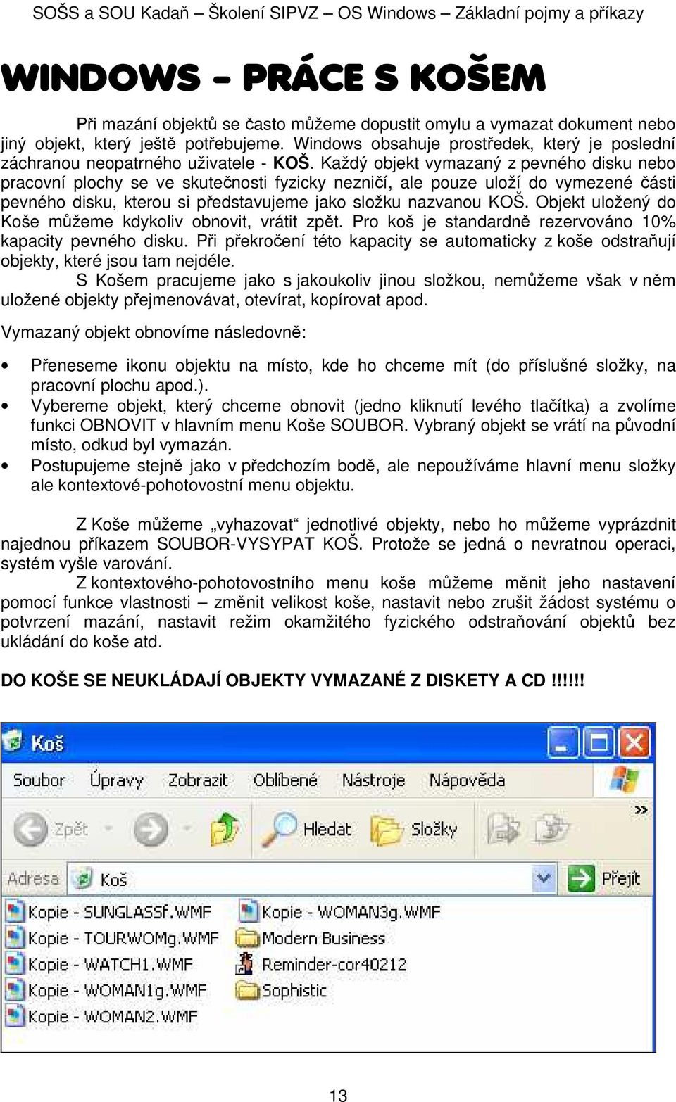Každý bjekt vymazaný z pevnéh disku neb pracvní plchy se ve skutečnsti fyzicky nezničí, ale puze ulží d vymezené části pevnéh disku, kteru si představujeme jak slžku nazvanu KOŠ.