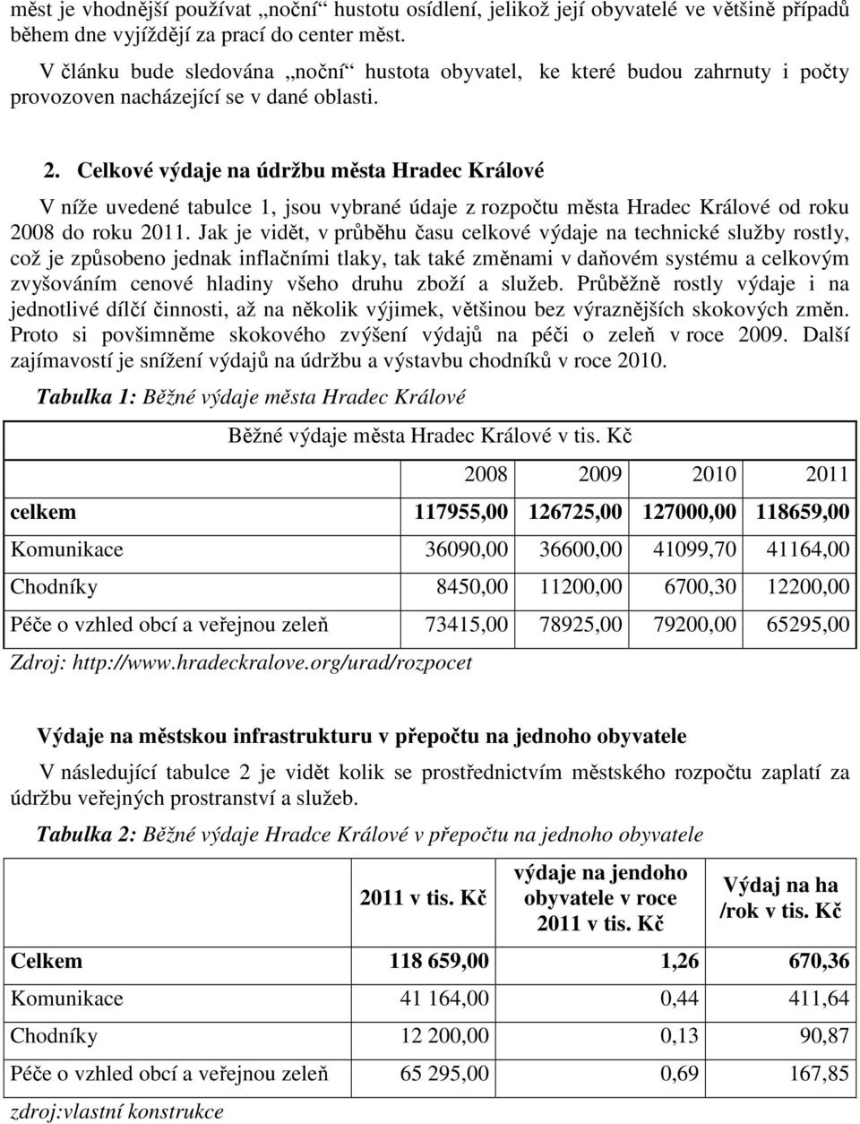 Celkové výdaje na údržbu města Hradec Králové V níže uvedené tabulce 1, jsou vybrané údaje z rozpočtu města Hradec Králové od roku 2008 do roku 2011.