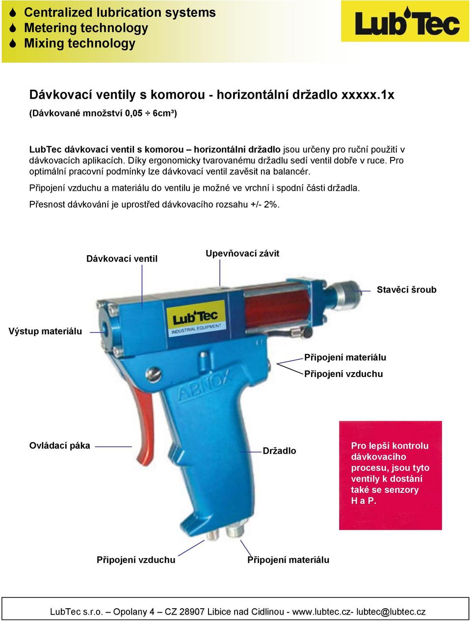 Díky ergonomicky tvarovanému držadlu sedí ventil dobře v ruce. Pro optimální pracovní podmínky lze dávkovací ventil zavěsit na balancér.