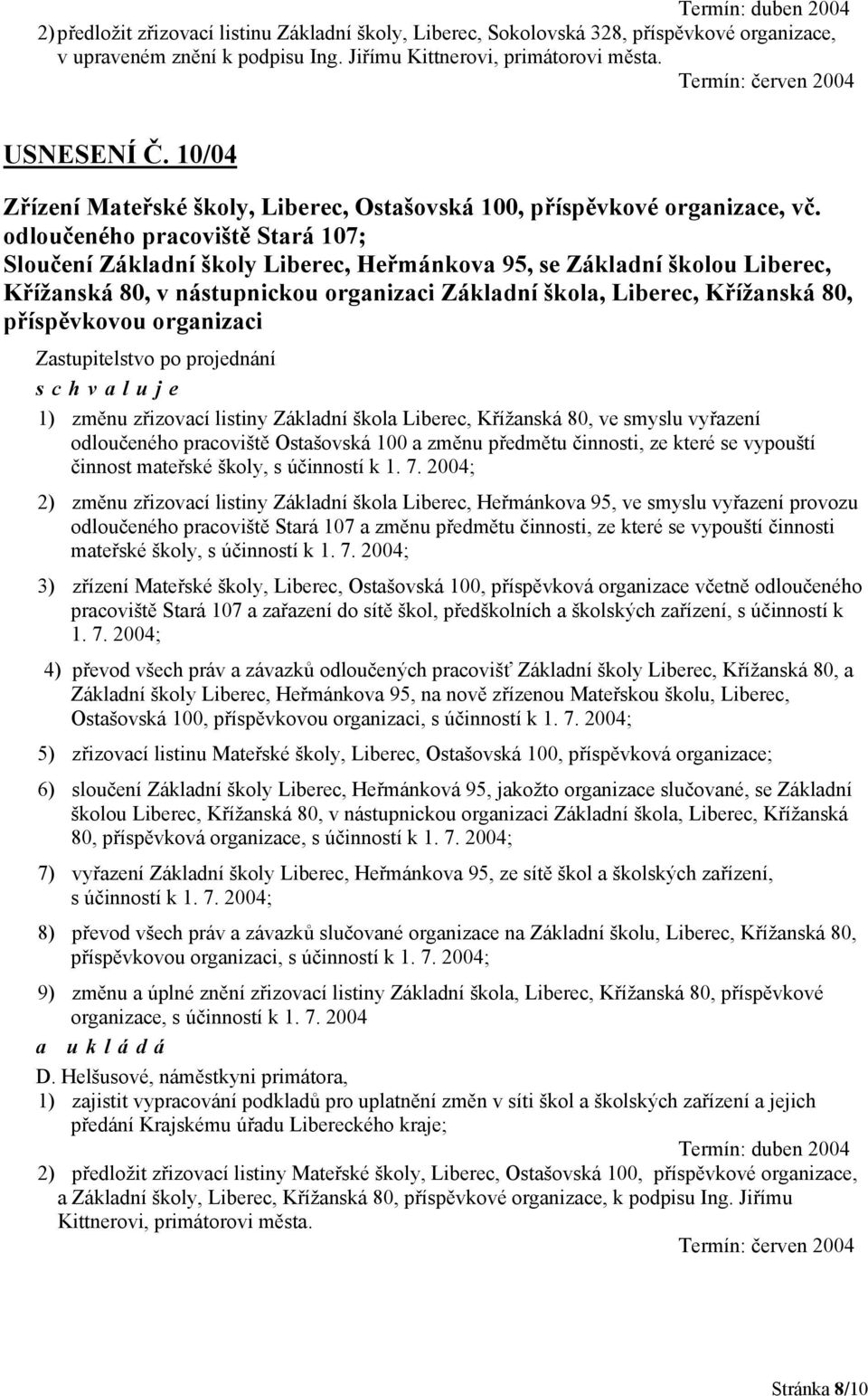 odloučeného pracoviště Stará 107; Sloučení Základní školy Liberec, Heřmánkova 95, se Základní školou Liberec, Křížanská 80, v nástupnickou organizaci Základní škola, Liberec, Křížanská 80,