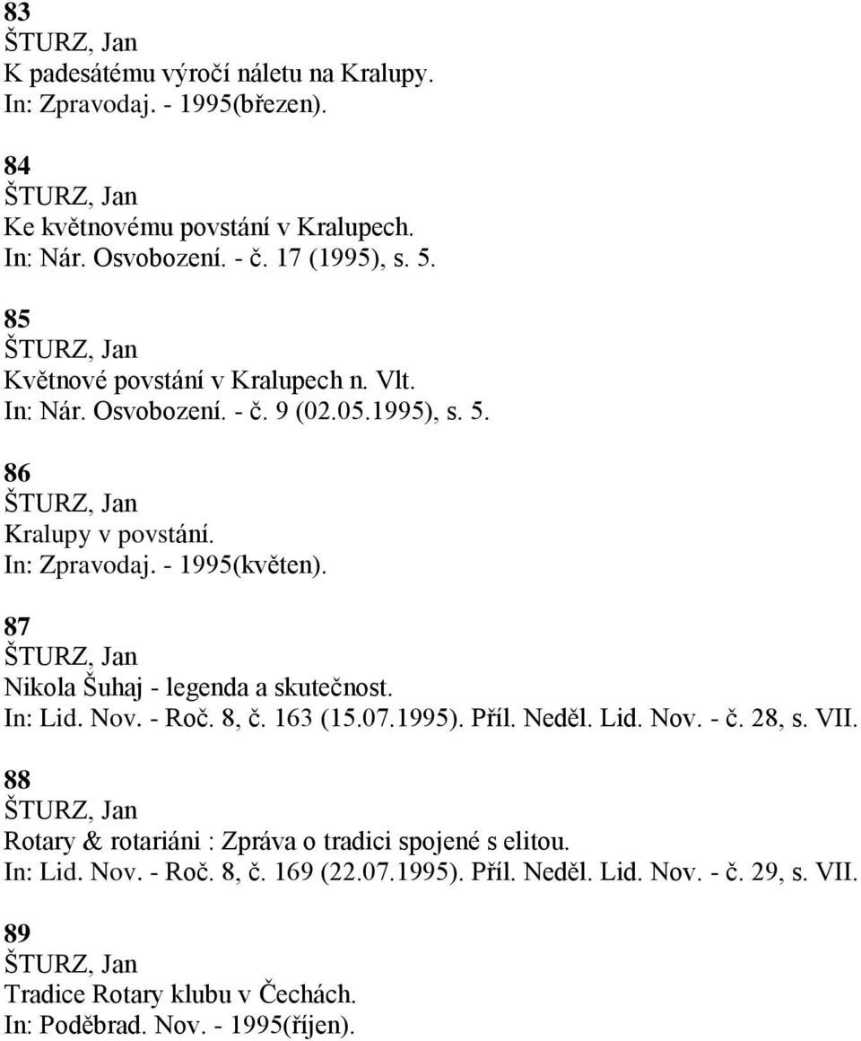 87 Nikola Šuhaj - legenda a skutečnost. In: Lid. Nov. - Roč. 8, č. 163 (15.07.1995). Příl. Neděl. Lid. Nov. - č. 28, s. VII.