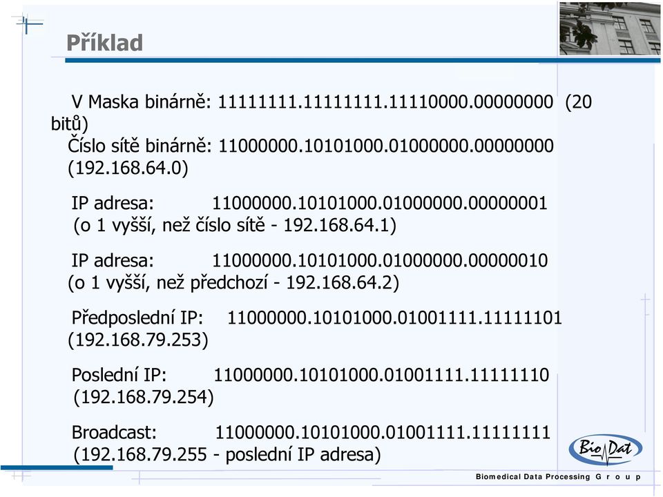 168.64.2) Předposlední IP: 11000000.10101000.01001111.11111101 (192.168.79.253) Poslední IP: 11000000.10101000.01001111.11111110 (192.