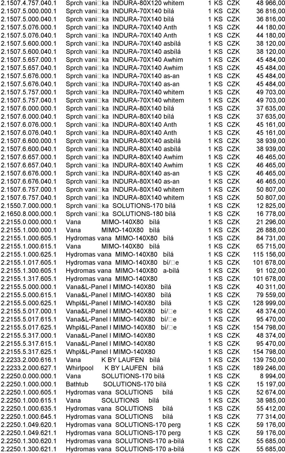 1507.5.600.040.1 Sprch vani ka INDURA-70X140 asbílá 1 KS CZK 38 120,00 2.1507.5.657.000.1 Sprch vani ka INDURA-70X140 Awhim 1 KS CZK 45 484,00 2.1507.5.657.040.1 Sprch vani ka INDURA-70X140 Awhim 1 KS CZK 45 484,00 2.1507.5.676.