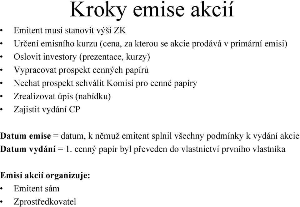 Zrealizovat úpis (nabídku) Zajistit vydání CP Datum emise = datum, k němuž emitent splnil všechny podmínky k vydání akcie