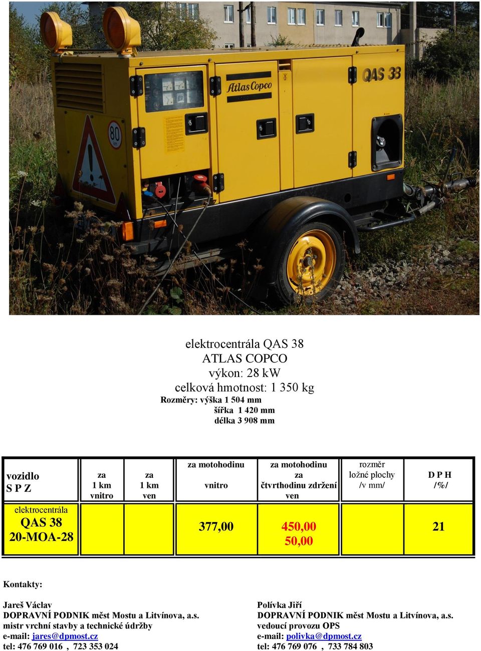 šířka 1 420 mm délka 3 908 mm elektrocentrála QAS 38