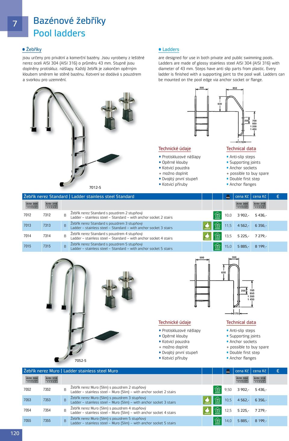 Ladders are made of glossy stainless steel II 304 (II 36) with diameter of 43 mm. teps have anti slip parts from plastic. Every ladder is finished with a supporting joint to the pool wall.