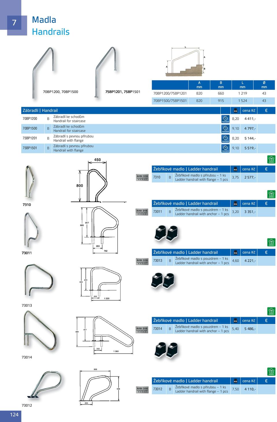 Žebříkové madlo s přírubou ks Ladder handrail with flange pcs 3,5 Žebříkové madlo Ladder handrail 30 30 885 2 5,- Žebříkové madlo s pouzdrem ks 3,20 Ladder handrail with anchor pcs 3 35,- 8 203 30 62