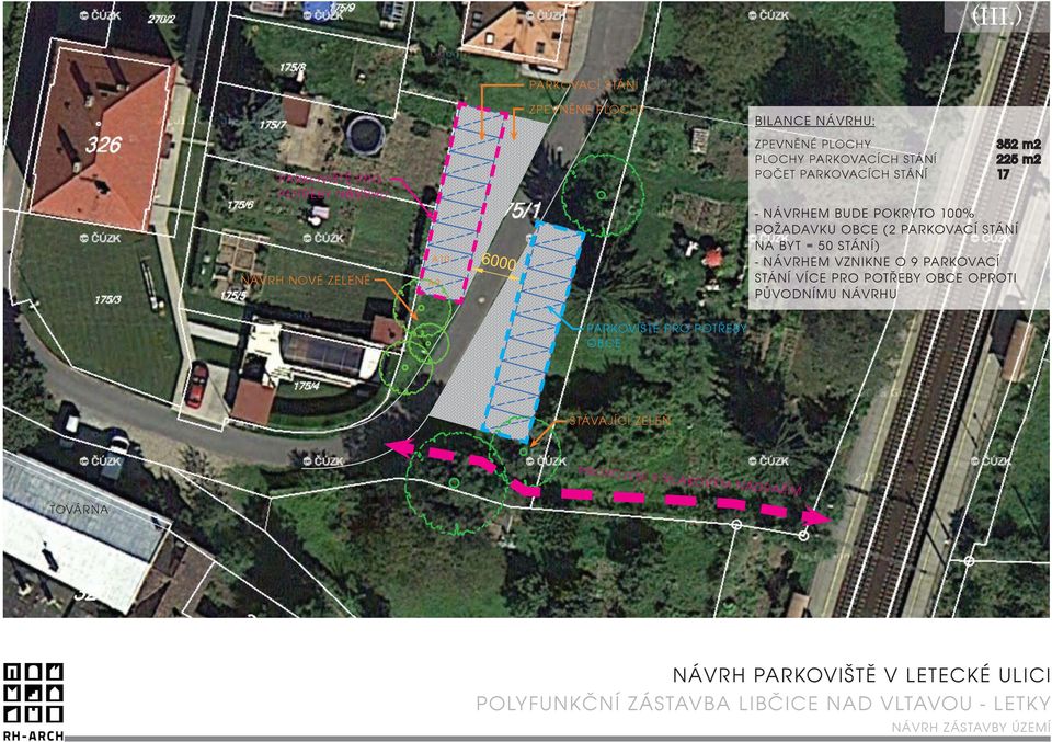 PLOCHY 352 m2 PLOCHY PARKOVACÍCH STÁNÍ 225 m2 POÈET PARKOVACÍCH STÁNÍ 17 - NÁVRHEM BUDE POKRYTO 100% POŽADAVKU OBCE