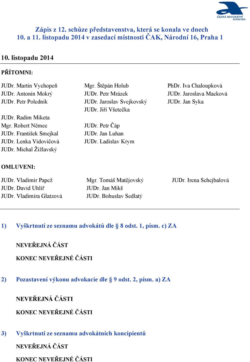 Ladislav Krym PhDr. Iva Chaloupková JUDr. Jaroslava Macková JUDr. Jan Syka OMLUVENI: JUDr. Vladimír Papež JUDr. David Uhlíř JUDr. Vladimíra Glatzová Mgr. Tomáš Matějovský JUDr. Jan Mikš JUDr.