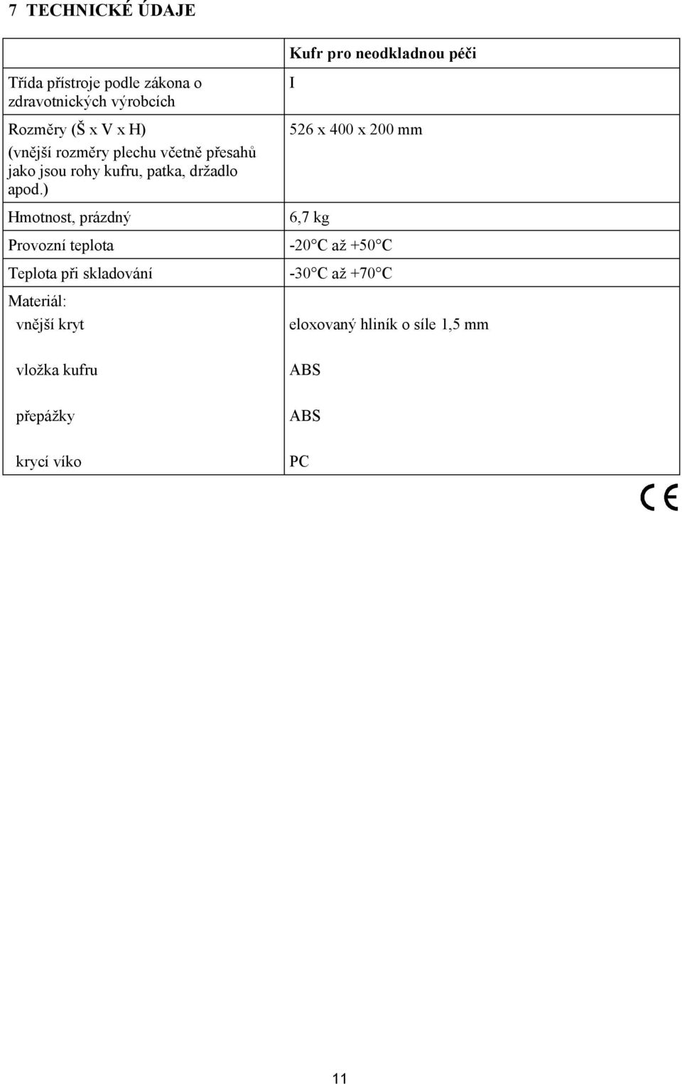 ) Hmotnost, prázdný Provozní teplota Teplota při skladování Materiál: vnější kryt vložka kufru přepážky