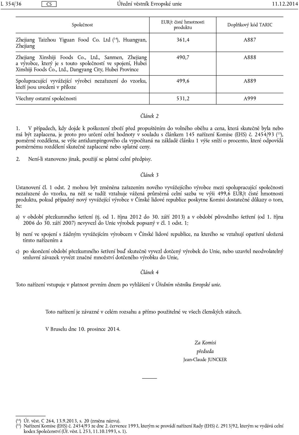 , Dangyang City, Hubei Province Spolupracující vyvážející výrobci nezařazení do vzorku, kteří jsou uvedeni v příloze 361,4 A887 490,7 A888 499,6 A889 Všechny ostatní společnosti 531,2 A999 Článek 2 1.
