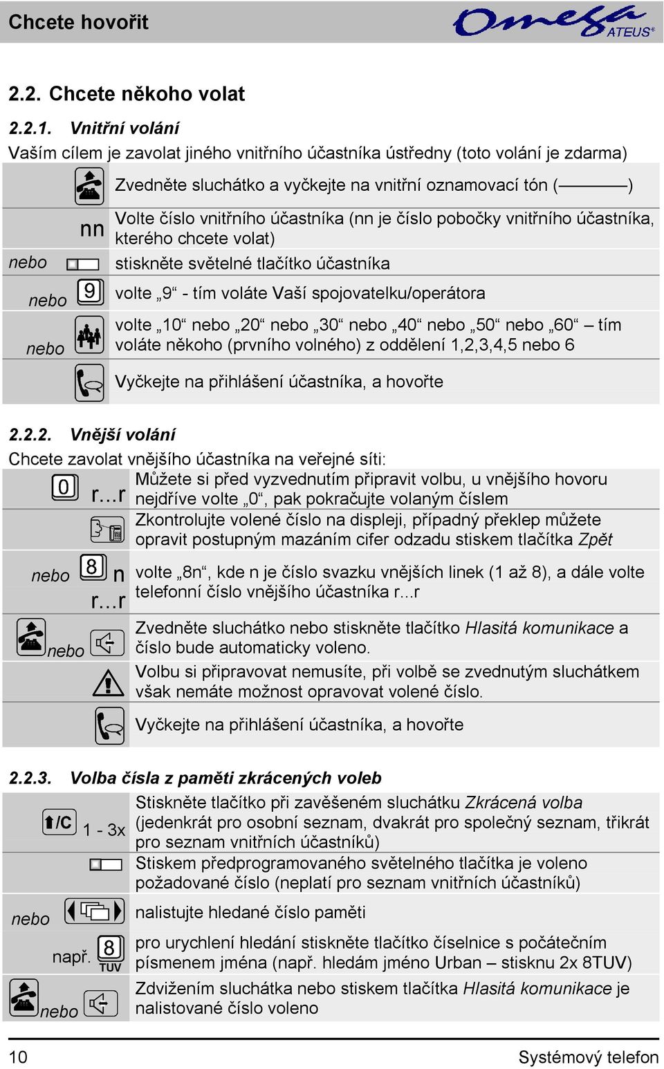 číslo pobočky vnitřního účastníka, kterého chcete volat) stiskněte světelné tlačítko účastníka volte 9 - tím voláte Vaší spojovatelku/operátora volte 10 20 30 40 50 60 tím voláte někoho (prvního