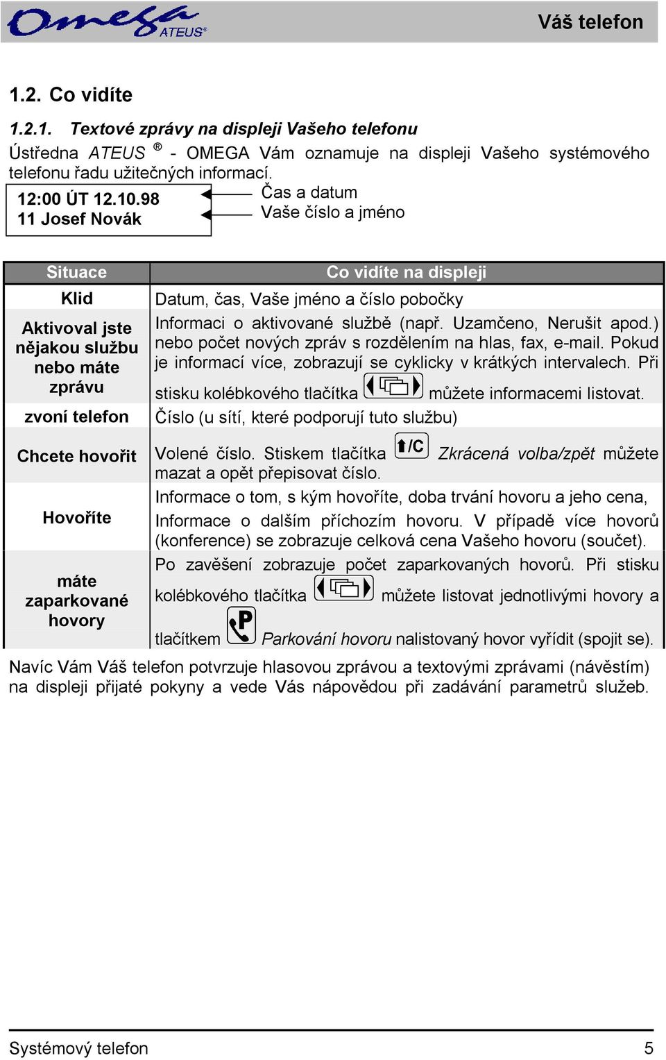 aktivované službě (např. Uzamčeno, Nerušit apod.) počet nových zpráv s rozdělením na hlas, fax, e-mail. Pokud je informací více, zobrazují se cyklicky v krátkých intervalech.