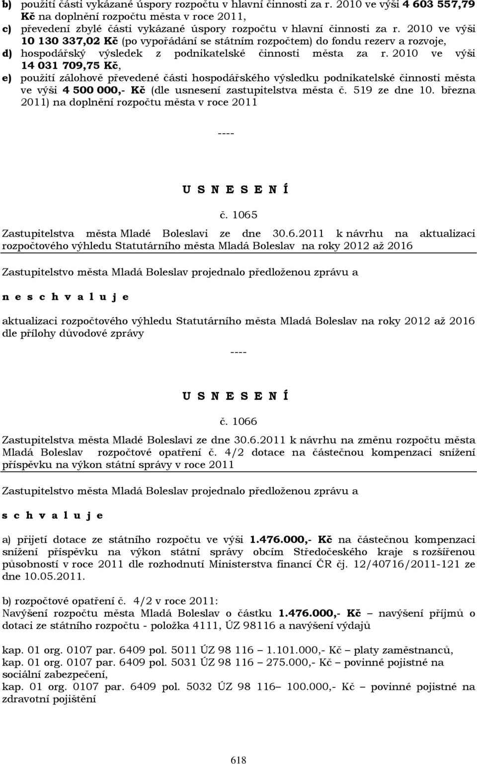 2010 ve výši 10 130 337,02 Kč (po vypořádání se státním rozpočtem) do fondu rezerv a rozvoje, d) hospodářský výsledek z podnikatelské činnosti města za r.