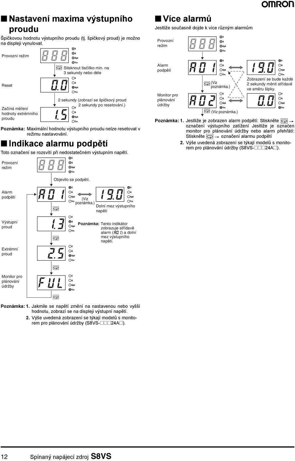 na 3 sekundy nebo déle 2 sekundy (zobrazí se špičkový proud 2 sekundy po resetování.) Poznámka: Maximální hodnotu výstupního nelze resetovat v režimu nastavování.