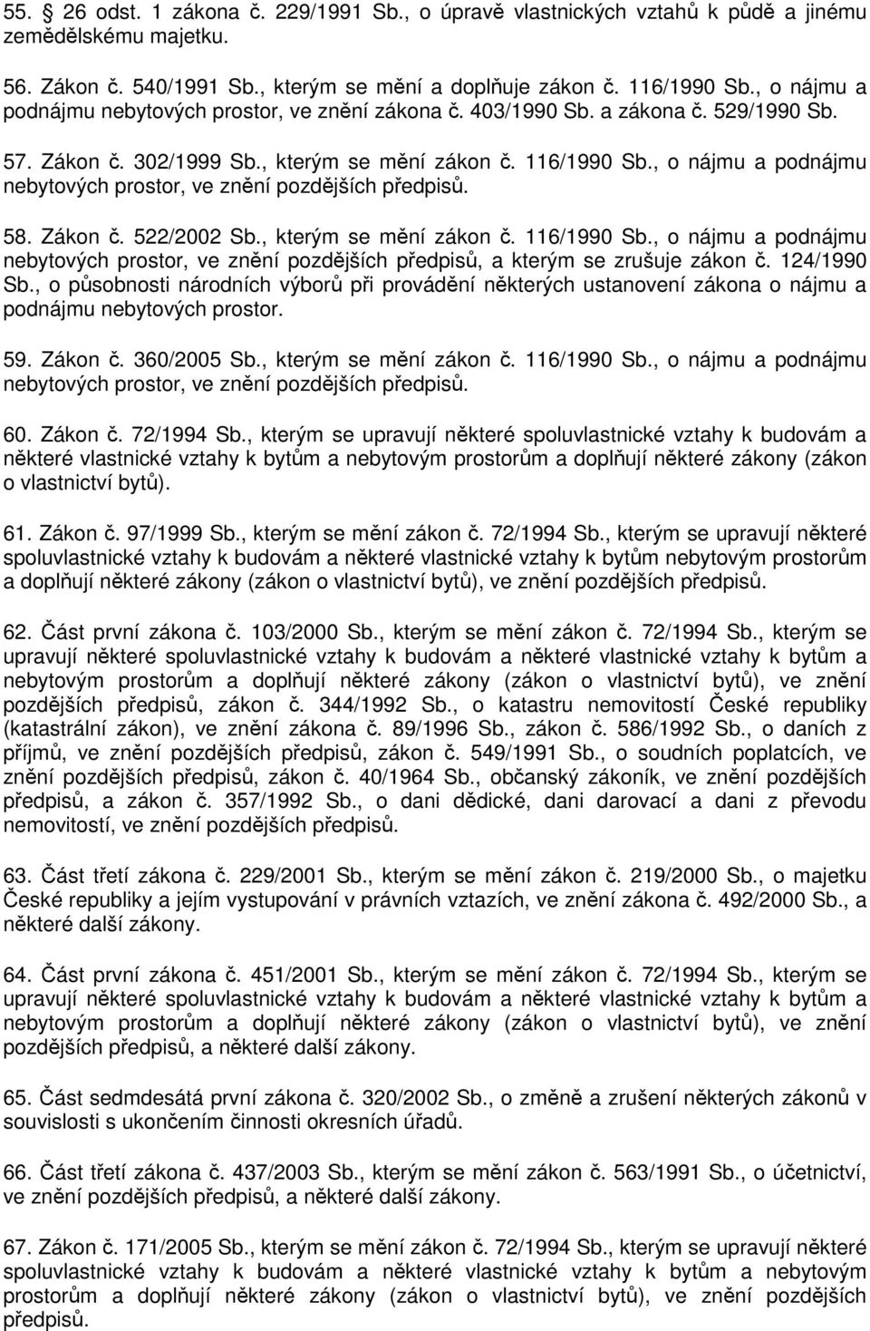 , o nájmu a podnájmu nebytových prostor, ve znění pozdějších předpisů. 58. Zákon č. 522/2002 Sb., kterým se mění zákon č. 116/1990 Sb.