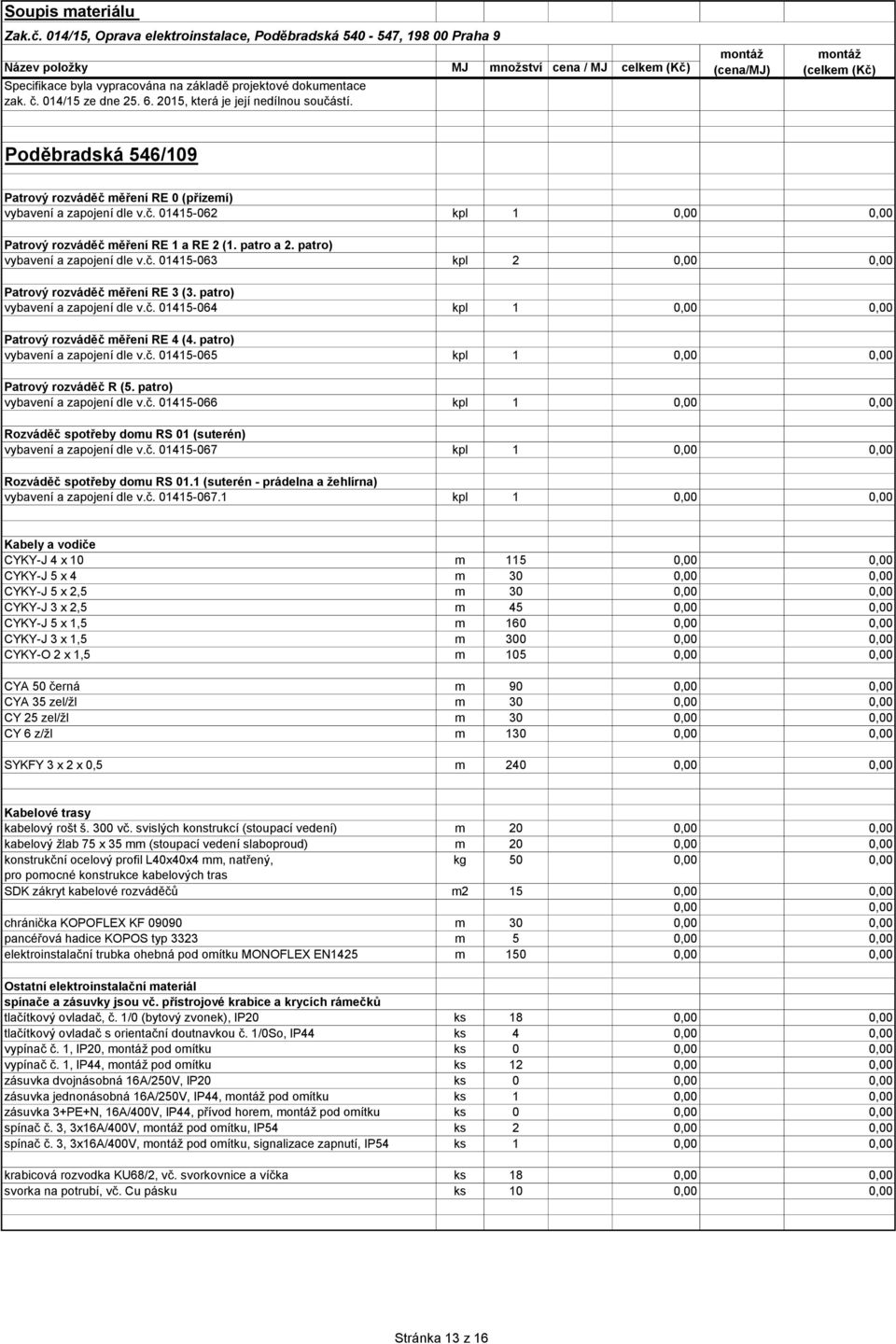 patro) vybavení a zapojení dle v.č. 01415-063 kpl 2 0,00 0,00 Patrový rozváděč měření RE 3 (3. patro) vybavení a zapojení dle v.č. 01415-064 Patrový rozváděč měření RE 4 (4.