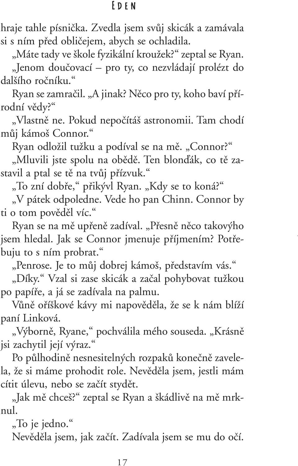 Ryan odloïil tuïku a podíval se na mû. Connor? Mluvili jste spolu na obûdû. Ten blonìák, co tû zastavil a ptal se tû na tvûj pfiízvuk. To zní dobfie, pfiik vl Ryan. Kdy se to koná? V pátek odpoledne.