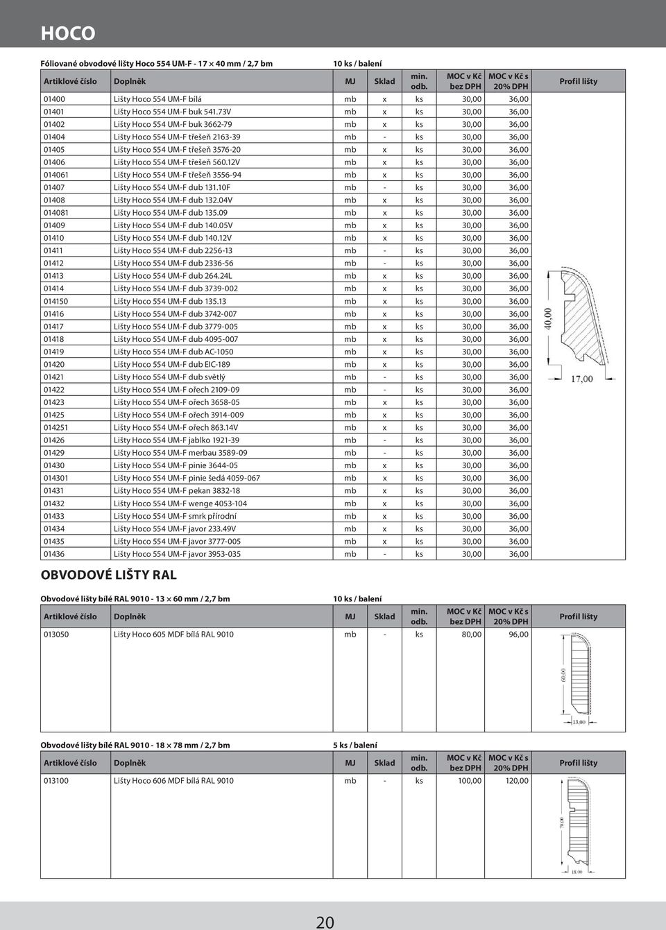 36,00 01406 Lišty Hoco 554 UM-F třešeň 560.12V mb x ks 30,00 36,00 014061 Lišty Hoco 554 UM-F třešeň 3556-94 mb x ks 30,00 36,00 01407 Lišty Hoco 554 UM-F dub 131.