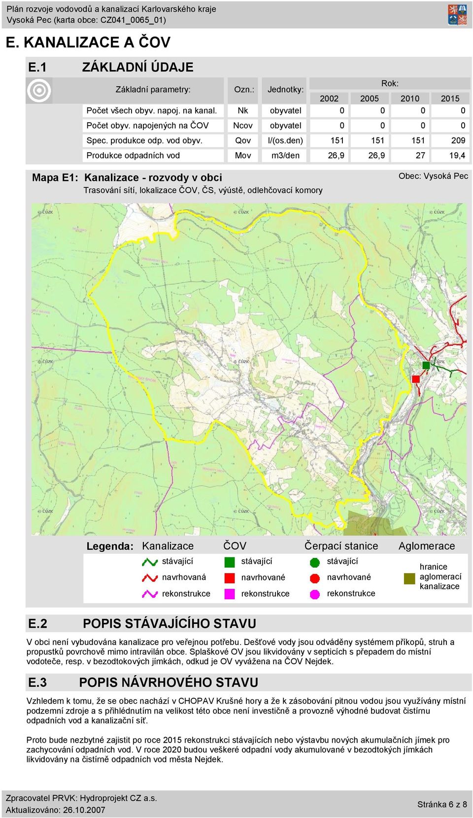 den) 151 151 151 29 Produkce odpadních vod Mov m3/den 26,9 26,9 27 19,4 Mapa E1: Kanalizace - rozvody v obci Trasování sítí, lokalizace ČOV, ČS, výústě, odlehčovací komory Obec: Legenda: Kanalizace