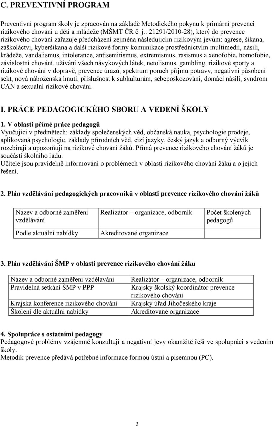 : 21291/2010-28), který do prevence rizikového chování zařazuje předcházení zejména následujícím rizikovým jevům: agrese, šikana, záškoláctví, kyberšikana a další rizikové formy komunikace