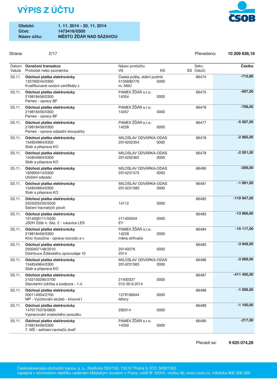 2 - rukavice LES EY Kino Vysočina - oprava rozvodu a v 14229 0000 měna ohřívače 2500407148/2010 20140276 0000 Distribuce Žďárského zpravodaje 10 2014 2014231583 0000 2102150295/2700 21400337 0000