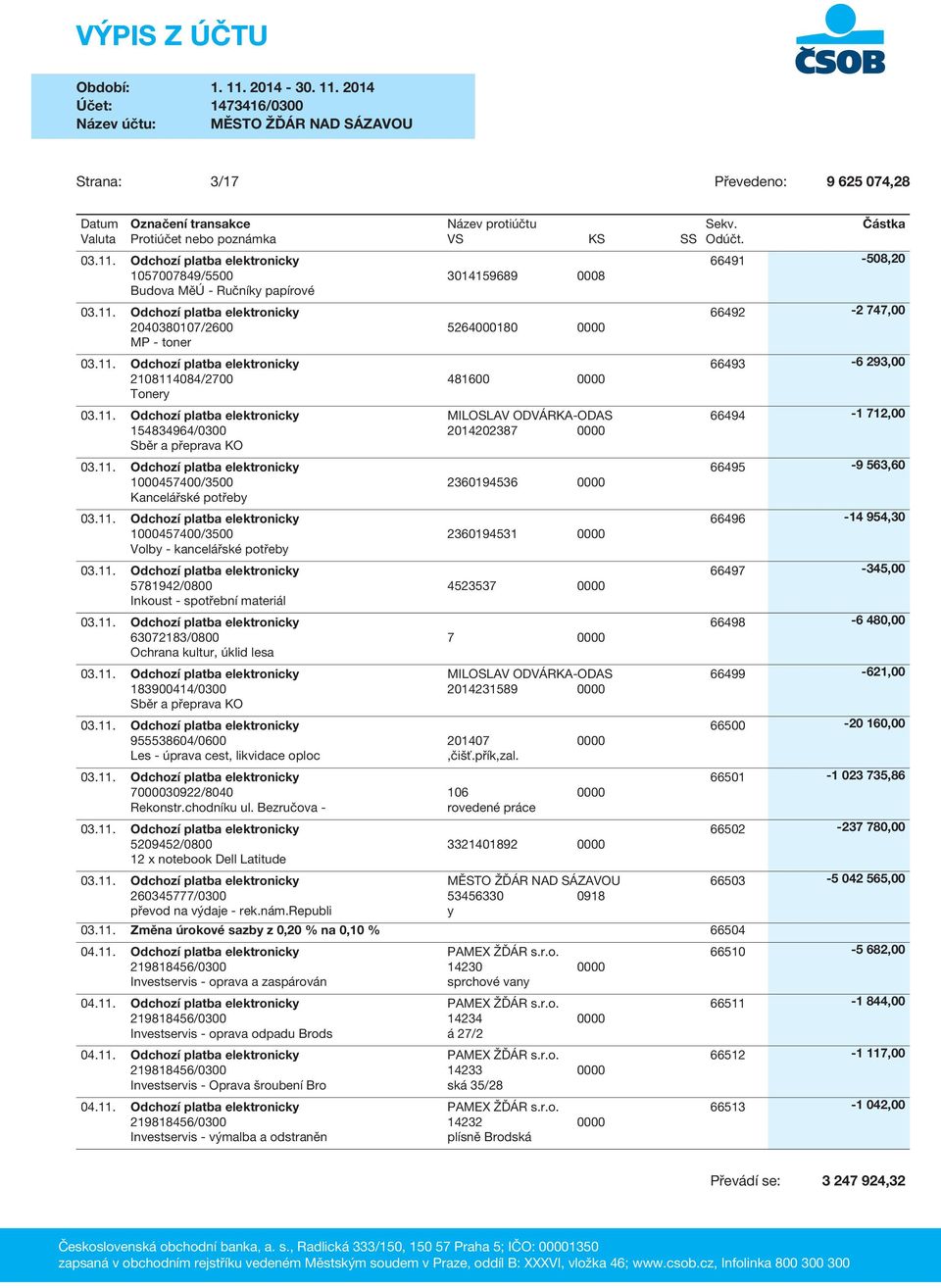 kultur, úklid lesa 2014231589 0000 955538604/0600 201407 0000 Les - úprava cest, likvidace oploc,čišť.přík,zal. 7000030922/8040 106 0000 Rekonstr.chodníku ul.