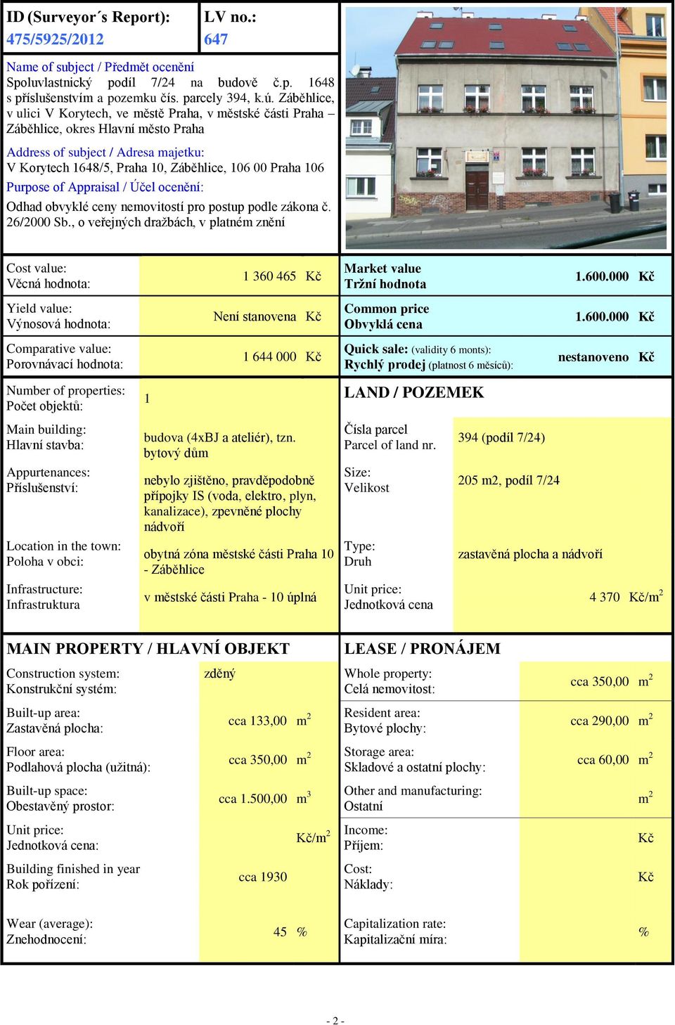 Purpose of Appraisal / Účel ocenění: Odhad obvyklé ceny nemovitostí pro postup podle zákona č. 26/2000 Sb.