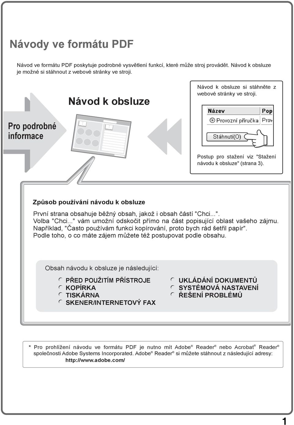 Způsob používání návodu k obsluze První strana obsahuje běžný obsah, jakož i obsah částí "Chci...". Volba "Chci..." vám umožní odskočit přímo na část popisující oblast vašeho zájmu.