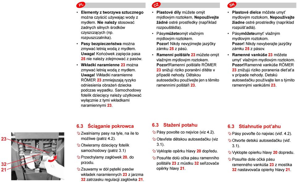 Samochodowy fotelik dziecięcy należy użytkować wyłącznie z tymi wkładkami naramiennymi 23. Plastové díly můžete omýt mýdlovým roztokem, Nepoužívejte žádné ostré prostředky (například rozpouštědla).