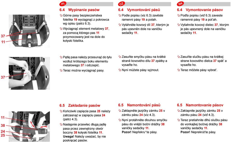 Vytáhněte kovový díl 37, kterým je pás upevněn dole na vaničku sedačky 11. 6.4 Vymontovanie pásov Podľa popisu (viď 6.3) zaveste ramenné pásy 19 a pot ah.