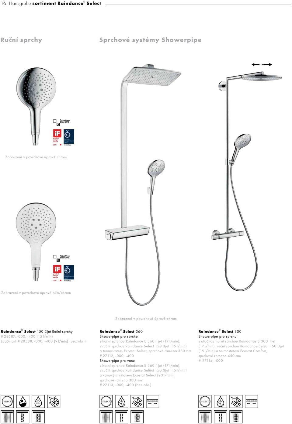 ) Raindance Select 360 Showerpipe pro sprchu s horní sprchou Raindance E 360 1jet (17 l/min), s ruční sprchou Raindance Select 150 3jet (15 l/min) a termostatem Ecostat Select, sprchové rameno 380 mm