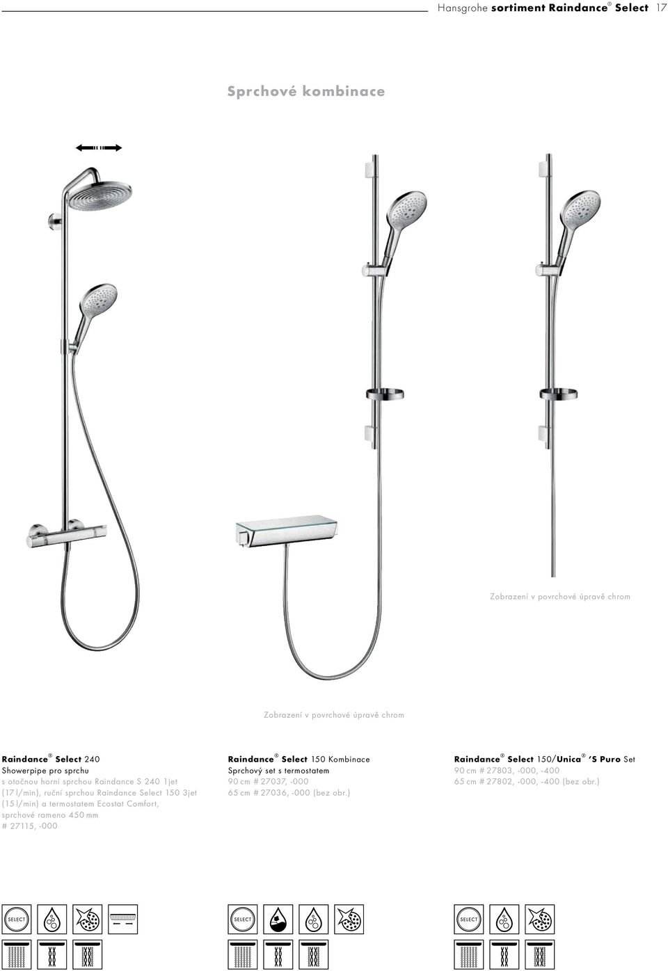 l/min) a termostatem Ecostat Comfort, sprchové rameno 450 mm # 27115, -000 Raindance Select 150 Kombinace Sprchový set s termostatem 90 cm