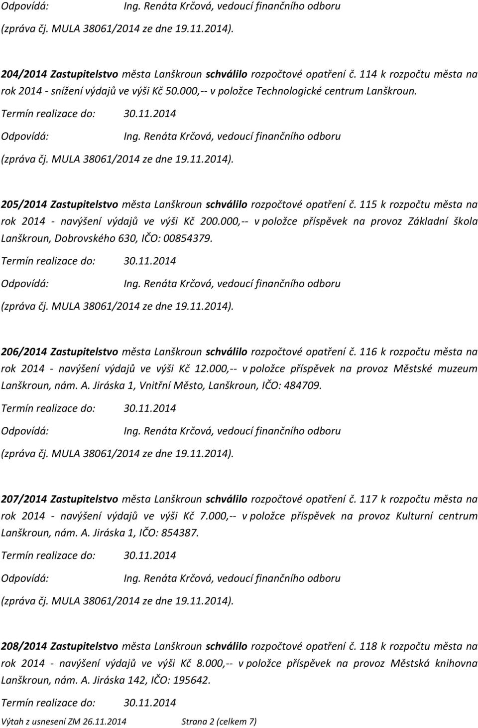 000,-- v položce příspěvek na provoz Základní škola Lanškroun, Dobrovského 630, IČO: 00854379. 206/2014 Zastupitelstvo města Lanškroun schválilo rozpočtové opatření č.