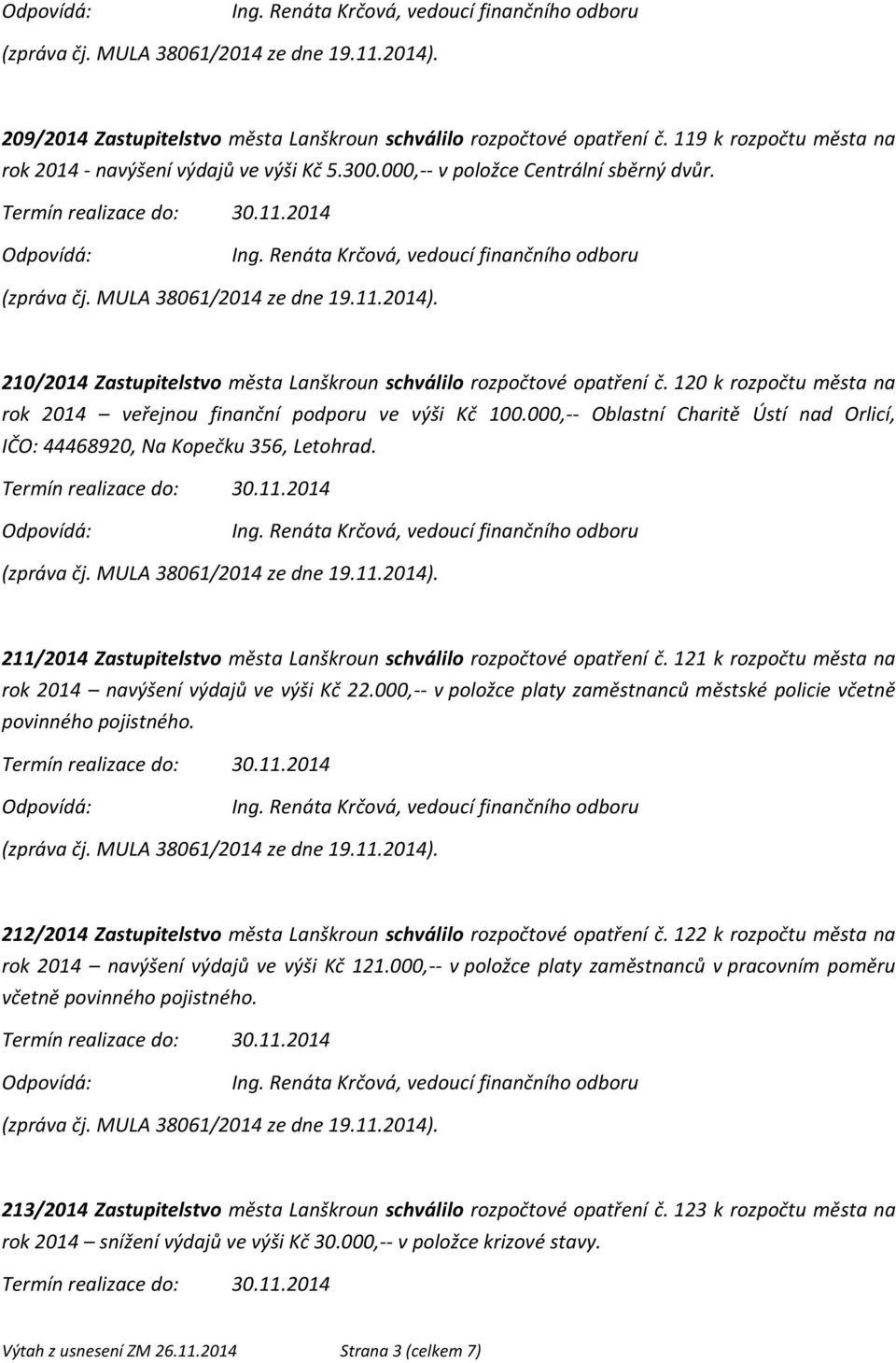 000,-- Oblastní Charitě Ústí nad Orlicí, IČO: 44468920, Na Kopečku 356, Letohrad. 211/2014 Zastupitelstvo města Lanškroun schválilo rozpočtové opatření č.