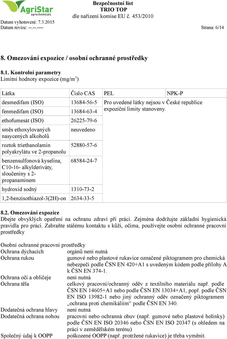 Kontrolní parametry Limitní hodnoty expozice (mg/m 3 ) Látka Číslo CAS PEL NPKP desmedifam (ISO) 13684565 Pro uvedené látky nejsou v České republice fenmedifam (ISO) 13684634 expoziční limity