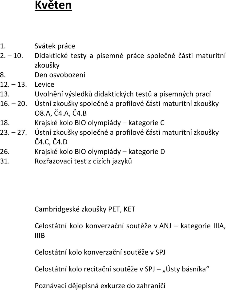 Krajské kolo BIO olympiády kategorie C 23. 27. Ústní zkoušky společné a profilové části maturitní zkoušky Č4.C, Č4.D 26. Krajské kolo BIO olympiády kategorie D 31.