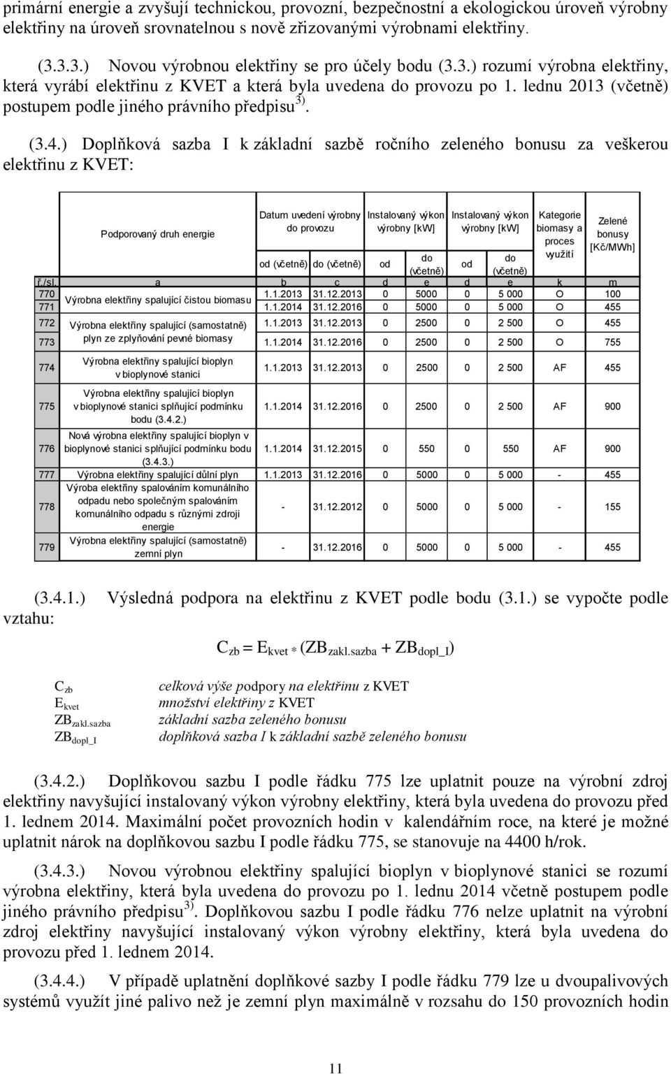 (3.4.) Doplňková sazba I k základní sazbě ročního zeleného bonusu za veškerou elektřinu z KVET: Datum uvedení výrobny Instalovaný výkon Instalovaný výkon Kategorie provozu výrobny [kw] výrobny [kw]