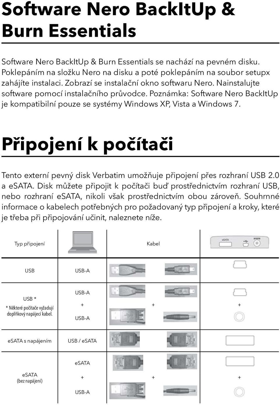 Připojení k počítači Tento externí pevný disk Verbatim umožňuje připojení přes rozhraní USB 2.0 a esata.