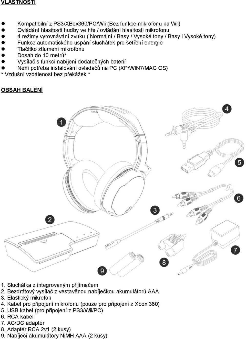 ovladačů na PC (XP/WIN7/MAC OS) * Vzdušní vzdálenost bez překážek * OBSAH BALENÍ 1. Sluchátka z integrovaným přijímačem 2. Bezdrátový vysílač z vestavěnou nabíječkou akumulátorů AAA 3.