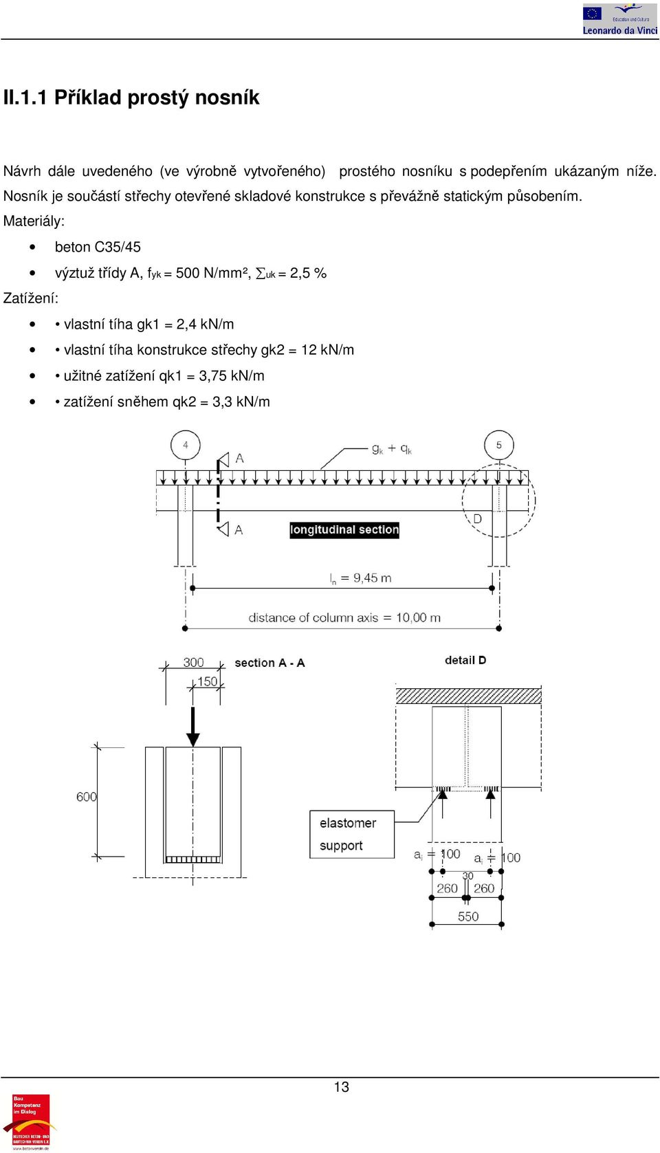 Materiály: beton C35/45 výztuž třídy A, fyk = 500 N/mm², uk = 2,5 % Zatížení: vlastní tíha gk1 = 2,4 kn/m