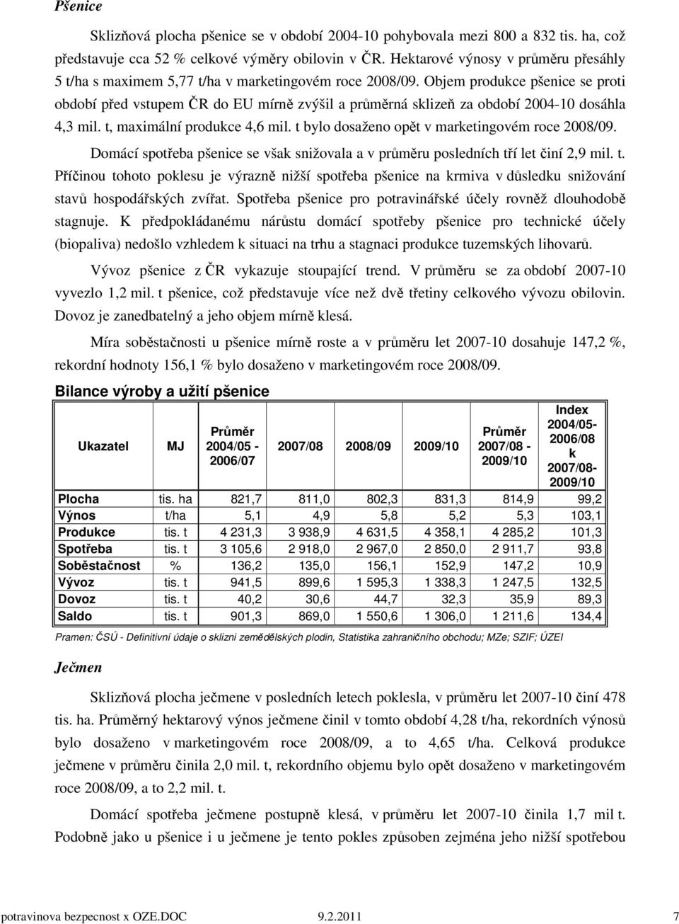 Objem produkce pšenice se proti období před vstupem ČR do EU mírně zvýšil a průměrná sklizeň za období 2004-10 dosáhla 4,3 mil. t, maximální produkce 4,6 mil.
