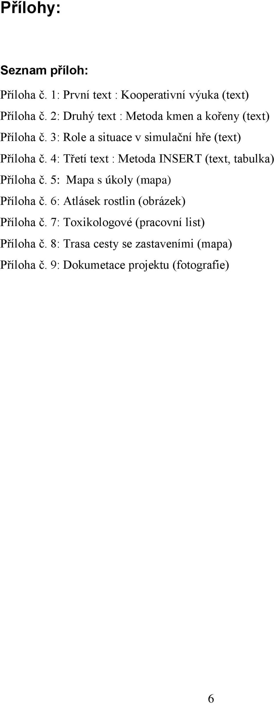 4: Třetí text : Metoda INSERT (text, tabulka) Příloha č. 5: Mapa s úkoly (mapa) Příloha č.