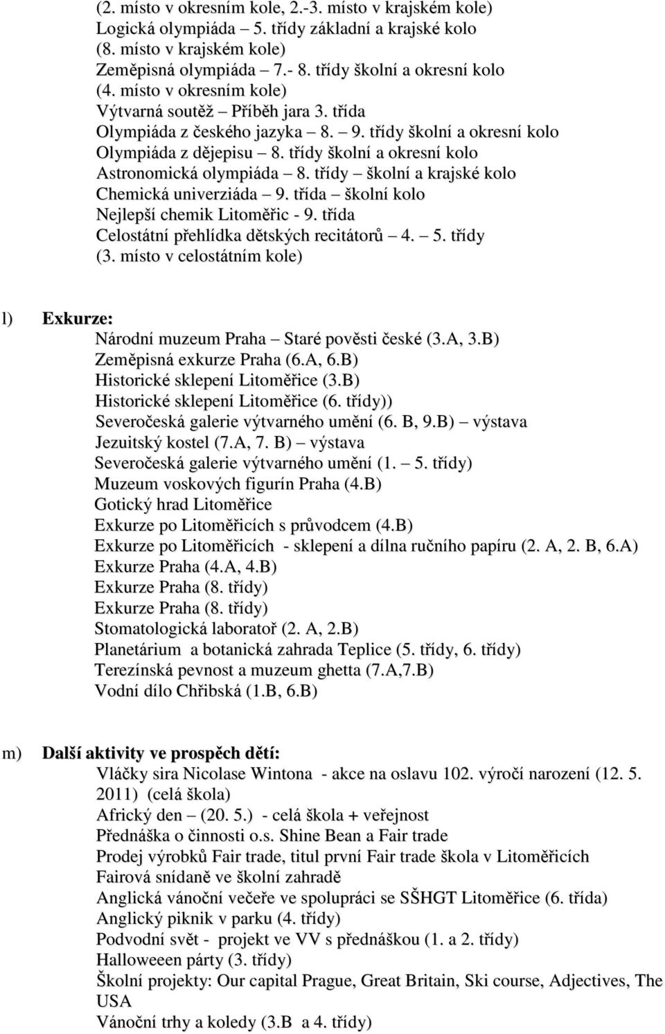 třídy školní a krajské kolo Chemická univerziáda 9. třída školní kolo Nejlepší chemik Litoměřic - 9. třída Celostátní přehlídka dětských recitátorů 4. 5. třídy (3.