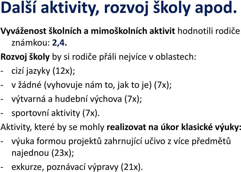 (7x); - výtvarná a hudební výchova (7x); - sportovní aktivity (7x).