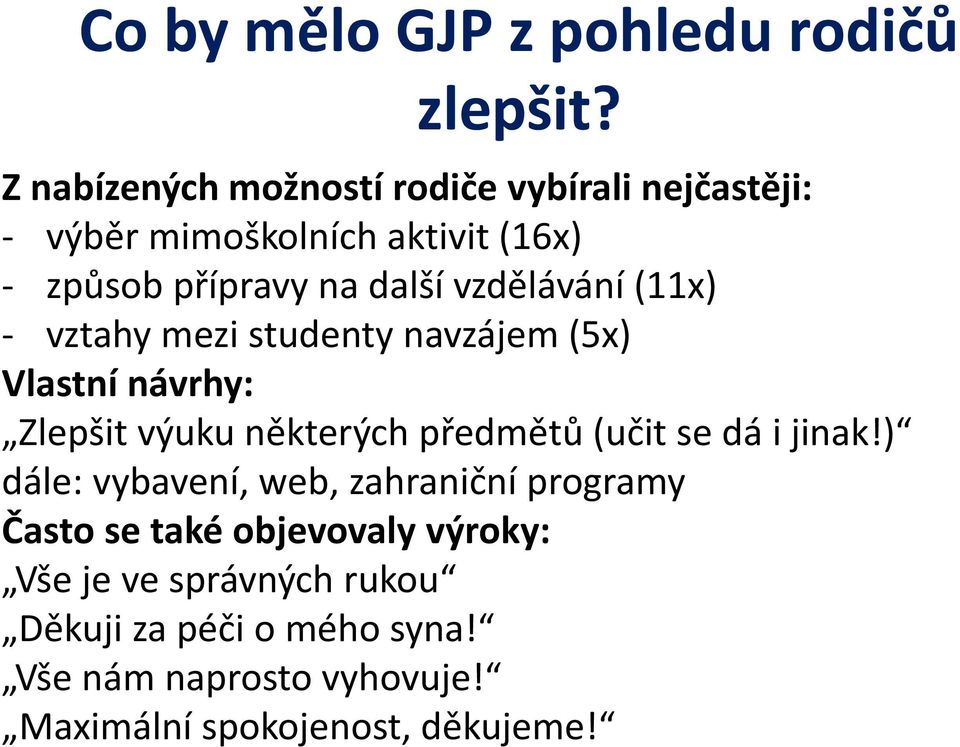 vzdělávání (11x) - vztahy mezi studenty navzájem (5x) Vlastní návrhy: Zlepšit výuku některých předmětů (učit se dá i