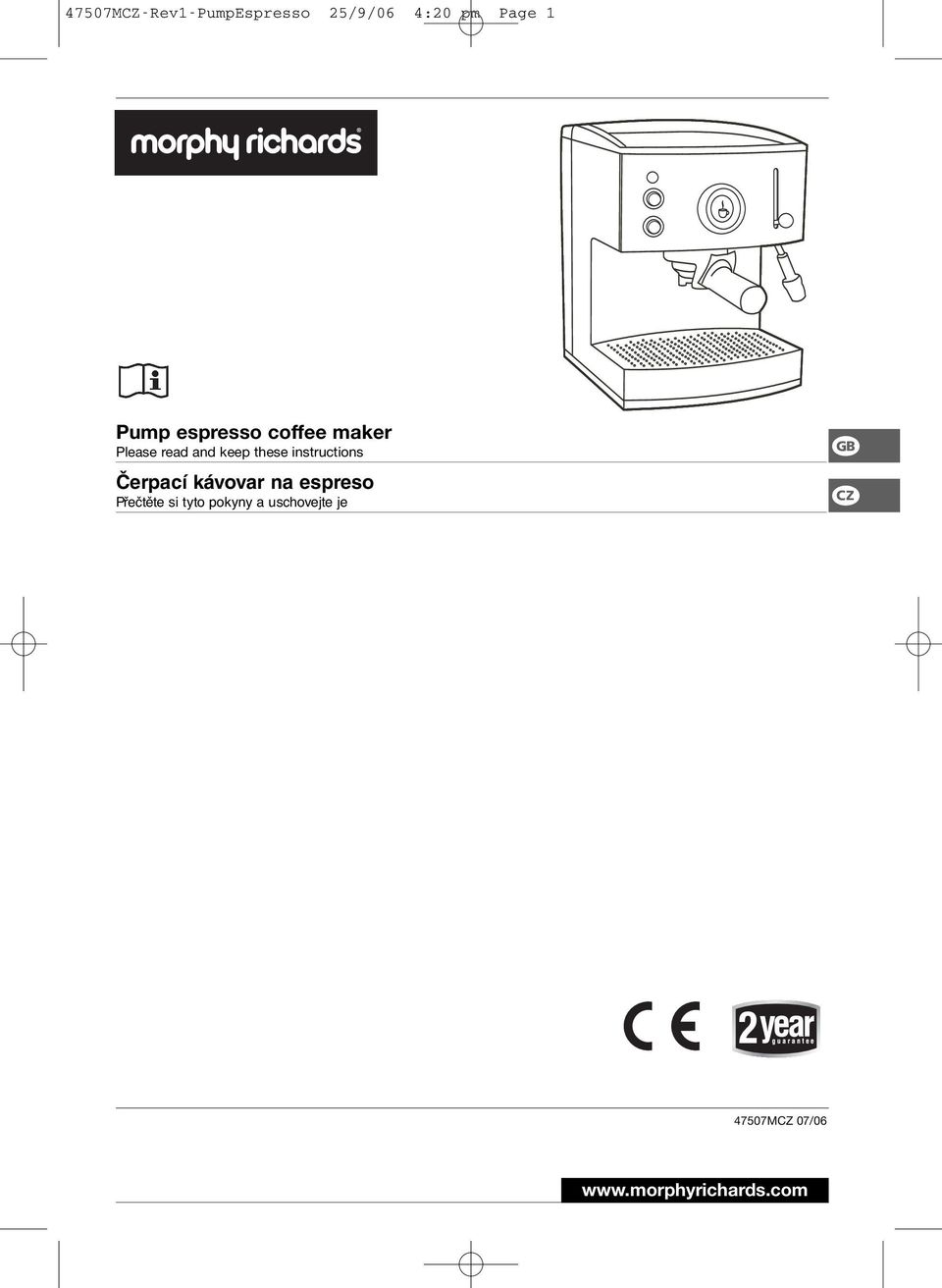 instructions Čerpací kávovar na espreso Přečtěte si